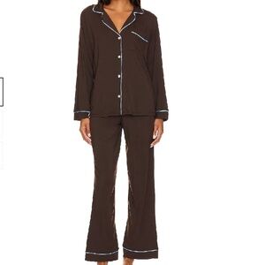 Eberjey Gisele Tencel Modal Long Pajamas Set Java Brown & Vista Blue Sz Small